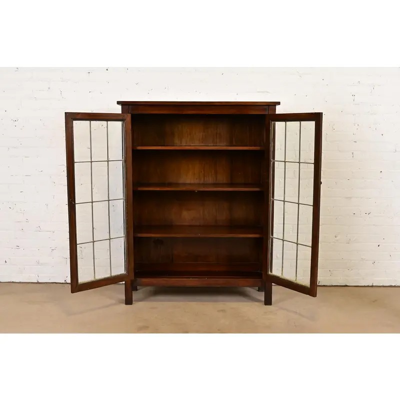 Limbert Style Mission Arts & Crafts Mahogany Leaded Glass Front Double Bookcase Cabinet, Circa 1900 - Image 4