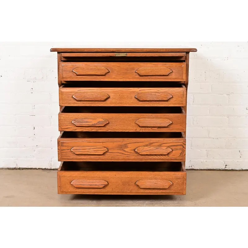 Antique Arts & Crafts Carved Oak Five-Drawer Flat File or Chest of Drawers, Circa 1900 - Image 5