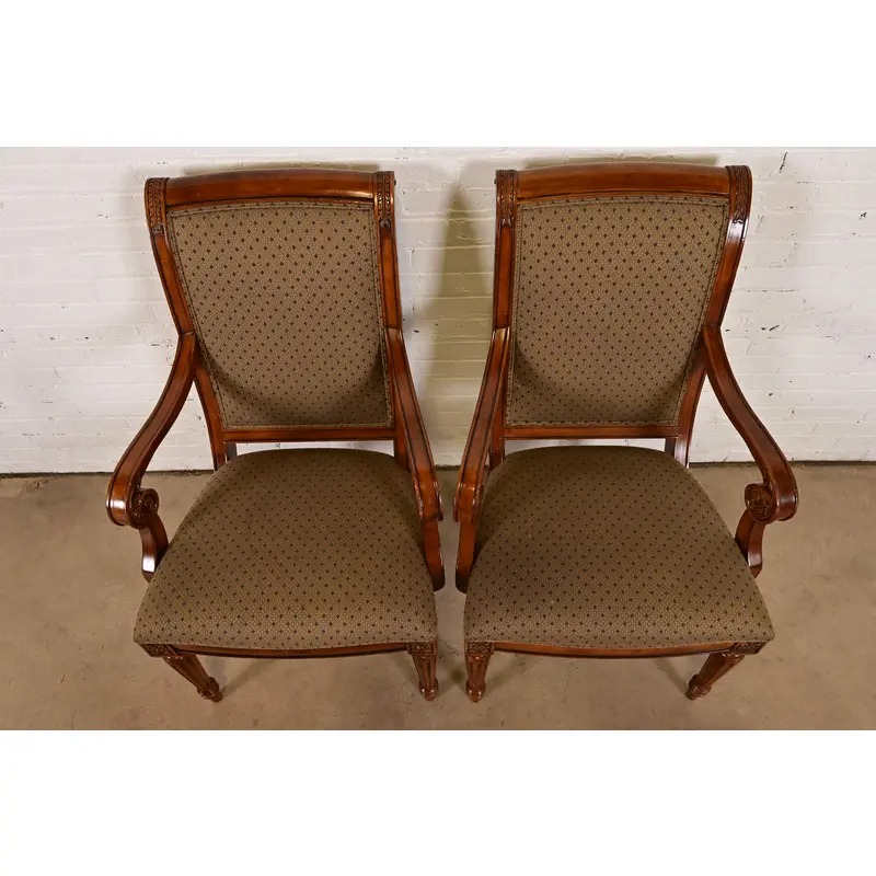 Ethan Allen French Regency Louis XVI Carved Cherry Wood Upholstered Armchairs, Pair - Image 5