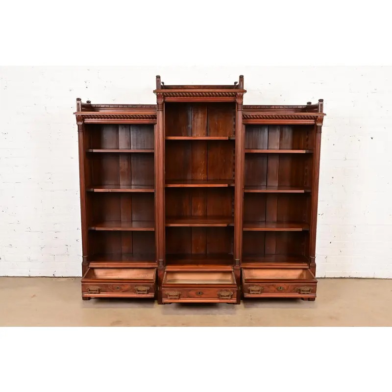 Herter Brothers Style Antique Eastlake Victorian Carved Walnut and Burl Wood Triple Bookcase, Circa 1880s - Image 5