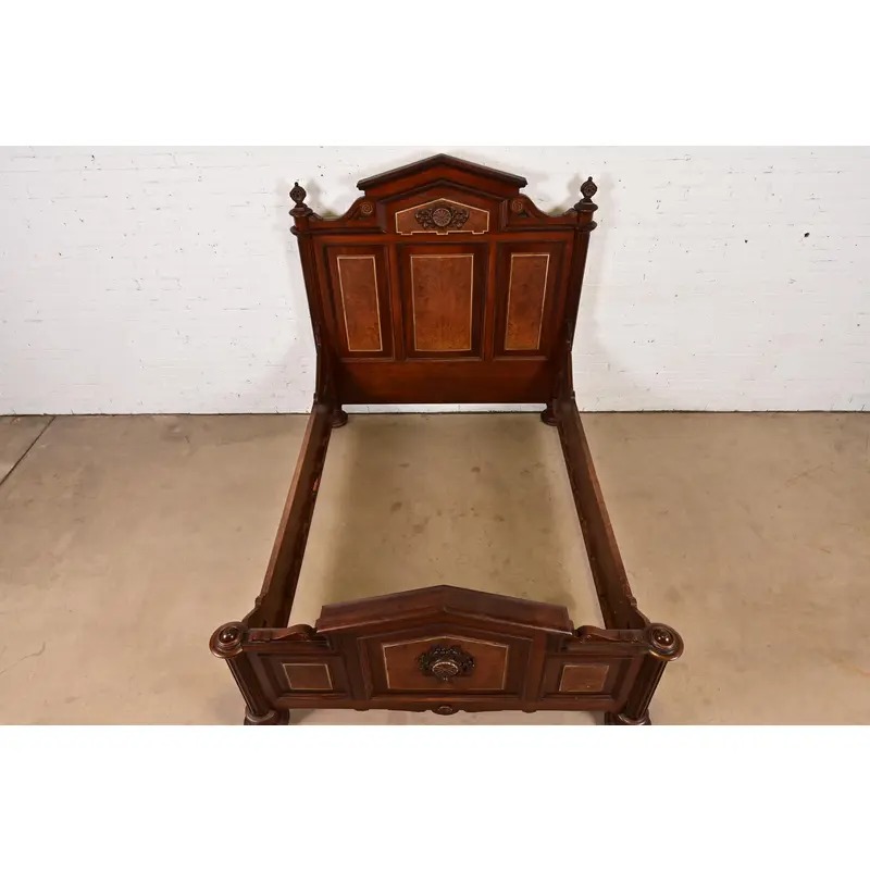 Herter Brothers Style Antique Victorian Carved Walnut and Burl Wood Full Size Bed, Circa 1880s - Image 5