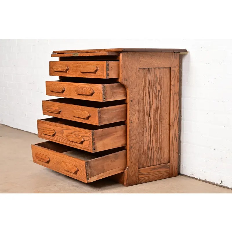 Antique Arts & Crafts Carved Oak Five-Drawer Flat File or Chest of Drawers, Circa 1900 - Image 6