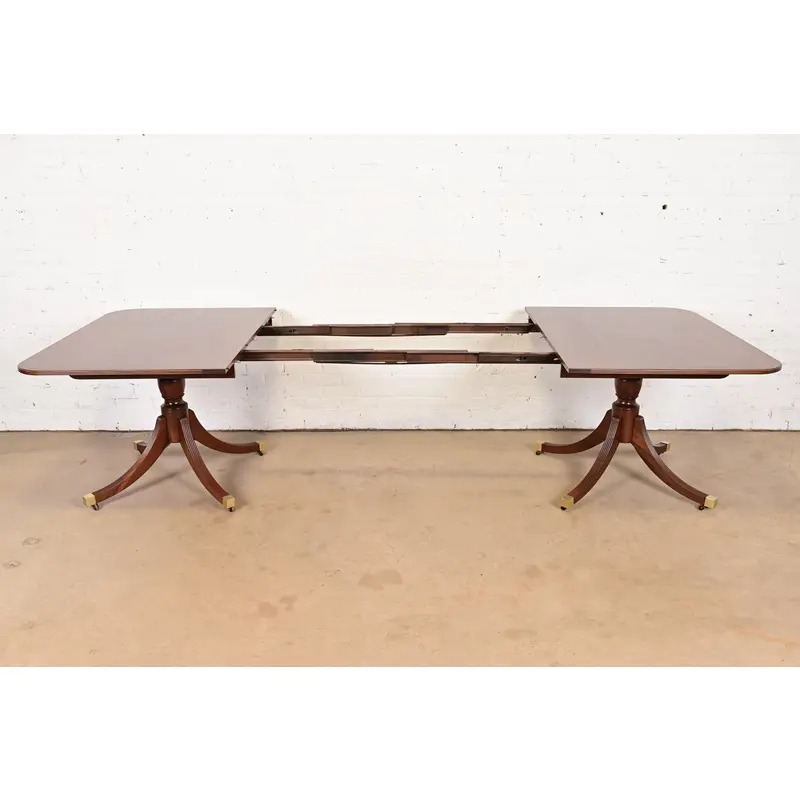 Baker Furniture Historic Charleston Georgian Banded Mahogany Double Pedestal Extension Dining Table, Newly Refinished - Image 6