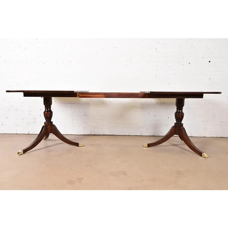 Baker Furniture Style Georgian Mahogany Double Pedestal Extension Dining Table, Newly Refinished - Image 6