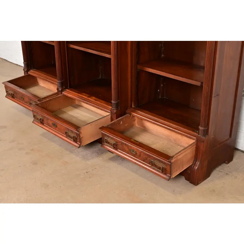 Herter Brothers Style Antique Eastlake Victorian Carved Walnut and Burl Wood Triple Bookcase, Circa 1880s - Image 6