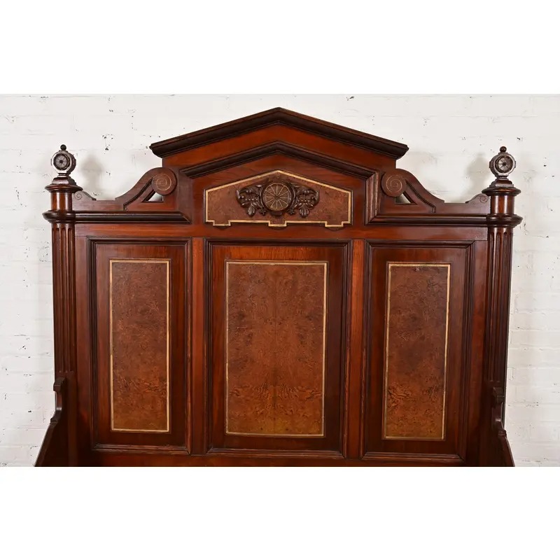 Herter Brothers Style Antique Victorian Carved Walnut and Burl Wood Full Size Bed, Circa 1880s - Image 6