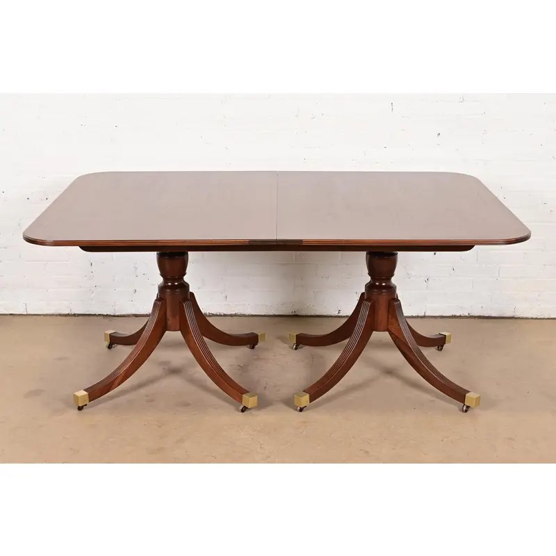 Baker Furniture Historic Charleston Georgian Banded Mahogany Double Pedestal Extension Dining Table, Newly Refinished - Image 7