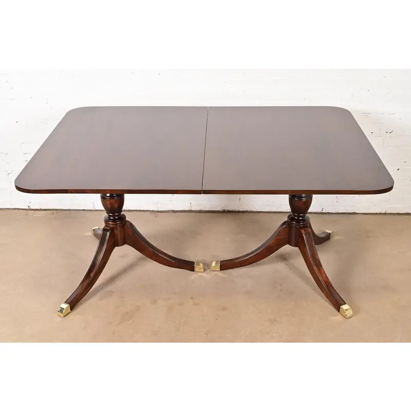 Baker Furniture Style Georgian Mahogany Double Pedestal Extension Dining Table, Newly Refinished - Image 7