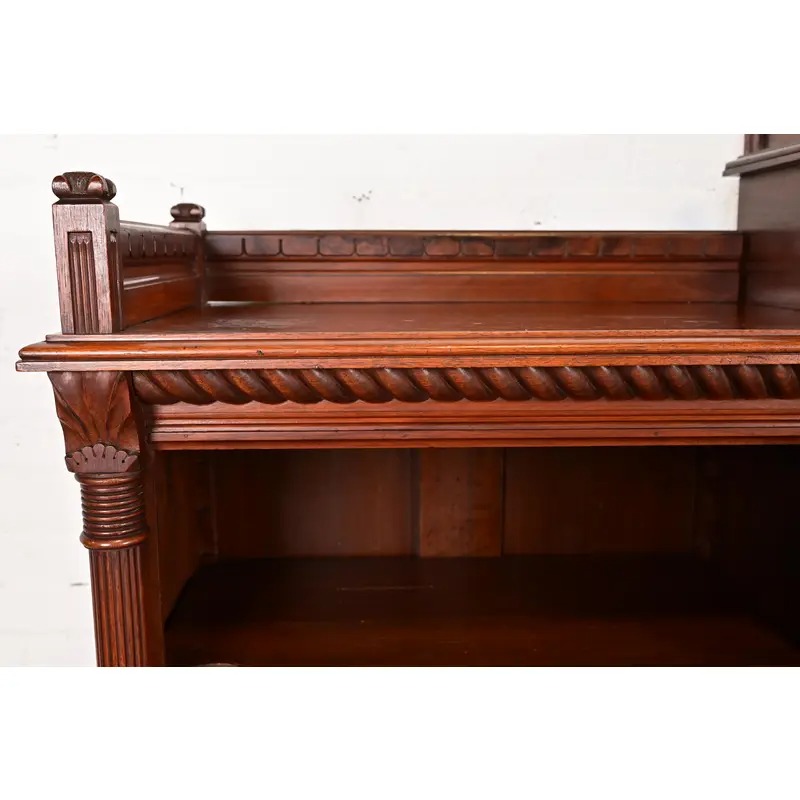 Herter Brothers Style Antique Eastlake Victorian Carved Walnut and Burl Wood Triple Bookcase, Circa 1880s - Image 7