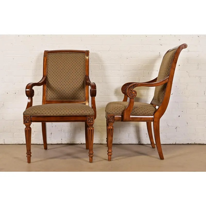 Ethan Allen French Regency Louis XVI Carved Cherry Wood Upholstered Armchairs, Pair - Image 8