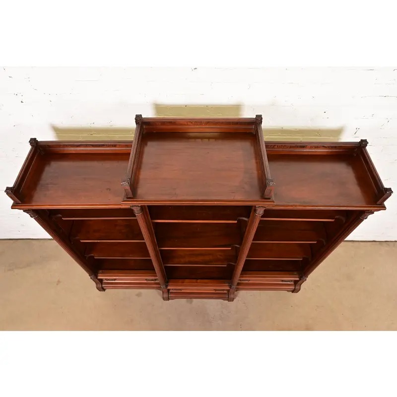 Herter Brothers Style Antique Eastlake Victorian Carved Walnut and Burl Wood Triple Bookcase, Circa 1880s - Image 8