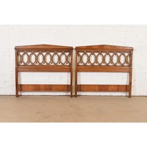 Drexel Mid-Century French Regency Louis XVI Carved Walnut Twin Size Headboards, Pair