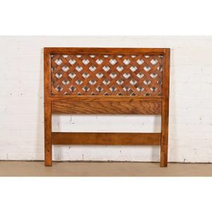 Henredon Mid-Century Modern Carved Oak Woven Front Twin Headboard, Circa 1970s