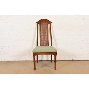 Henredon Style Mid-Century Hollywood Regency Carved Oak and Cane Bamboo Form High Back Side Chair or Dining Chair, Circa 1970s