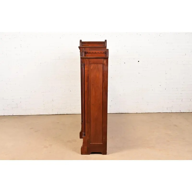 Herter Brothers Style Antique Eastlake Victorian Carved Walnut and Burl Wood Triple Bookcase, Circa 1880s - Image 9