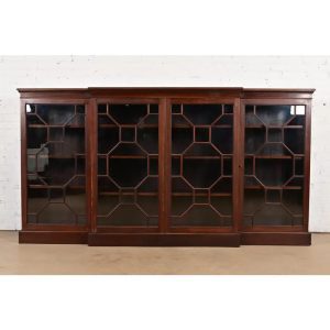 Antique Georgian Carved Mahogany Breakfront Bookcase Cabinet, Circa 1900