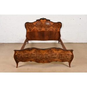 Antique Italian Louis XV Burl Wood Queen Size Bed, Circa 1900