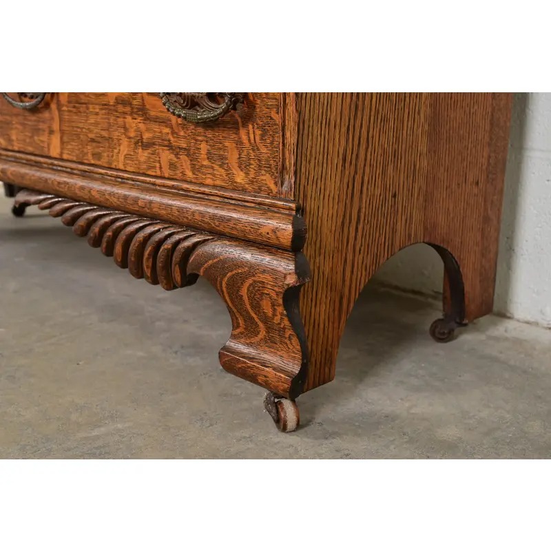 Antique Victorian Carved Tiger Oak Side-by-Side Bookcase With Drop Front Secretary Desk, Circa 1900 - Image 10