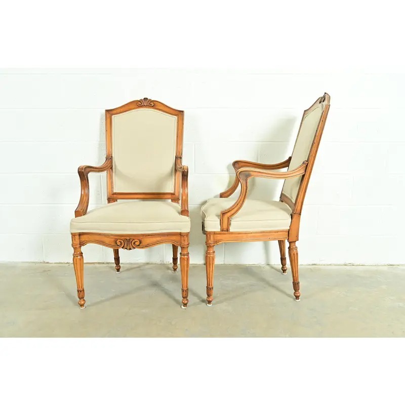 Baker Furniture Style French Regency Louis XVI Carved Walnut Armchairs or Dining Captain Chairs, Pair - Image 10