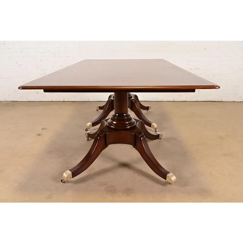 Baker Furniture Style Georgian Banded Mahogany Double Pedestal Extension Dining Table, Newly Refinished - Image 10
