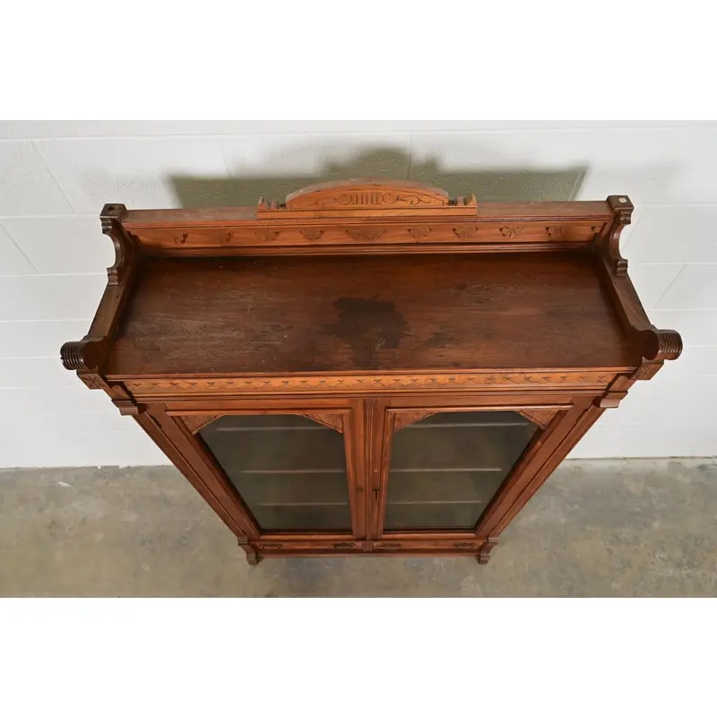 Herter Brothers Style Antique Eastlake Victorian Carved Burled Walnut Bookcase, Circa 1880s - Image 10