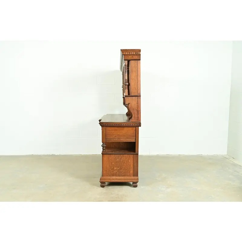 Herter Brothers Style Antique English Victorian Carved Oak Mirrored Back Bar or Sideboard, Circa 1890s - Image 10