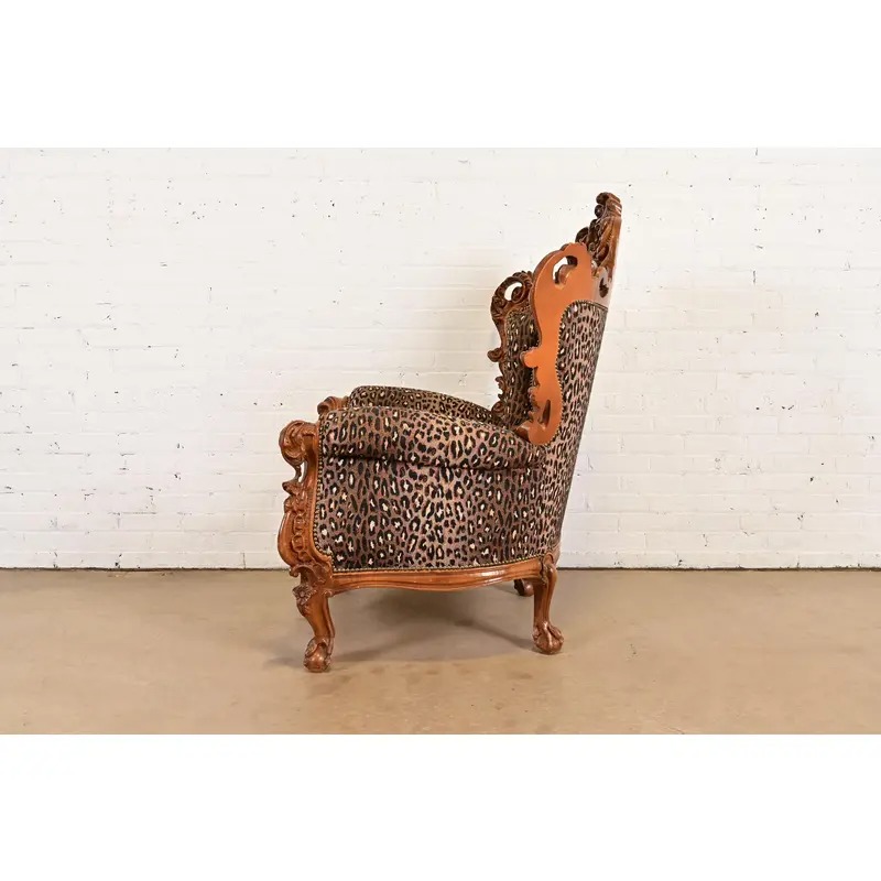Italian Baroque Ornate Carved Walnut Throne Chair or Lounge Chair With Leopard Print Upholstery - Image 10