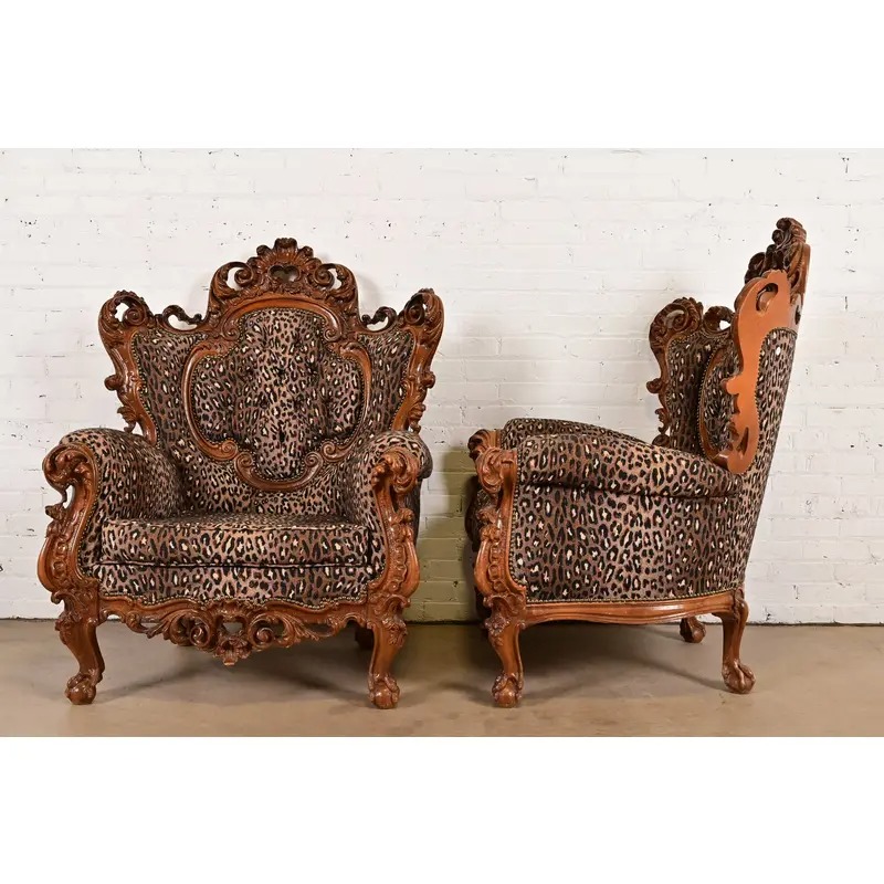Italian Baroque Ornate Carved Walnut Throne Chairs or Lounge Chairs With Leopard Print Upholstery - Image 10
