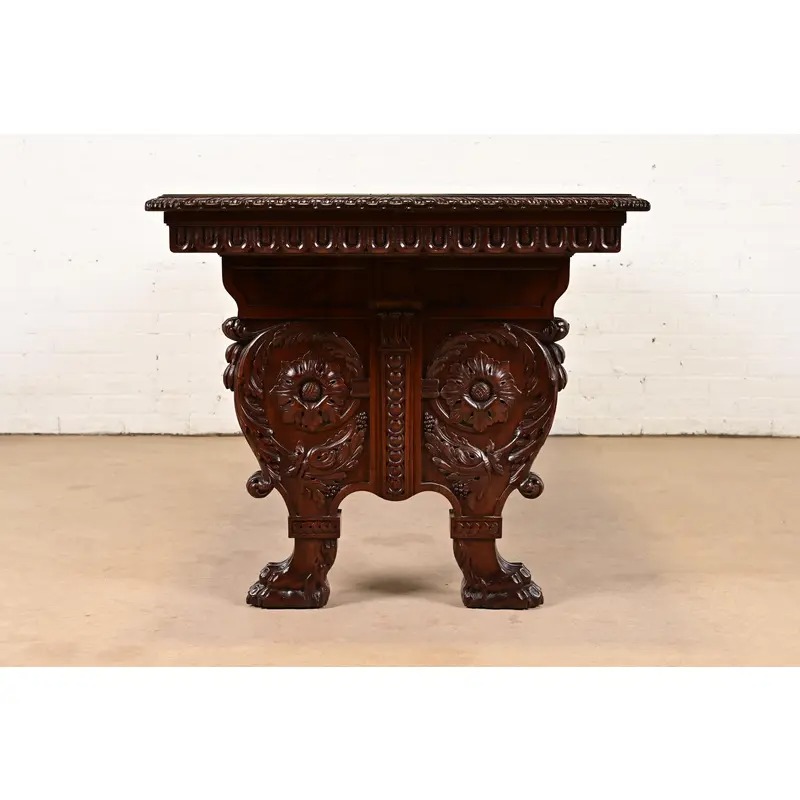 R. J. Horner Style Antique Italian Renaissance Carved Walnut Desk or Library Table With Lion Paw Feet, Circa 1890s - Image 10