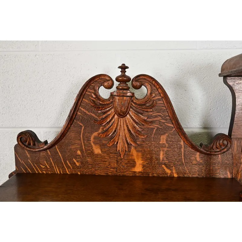 Antique Victorian Carved Tiger Oak Side-by-Side Bookcase With Drop Front Secretary Desk, Circa 1900 - Image 11