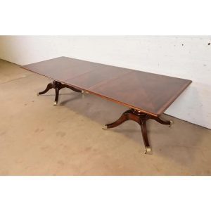Baker Furniture Style Georgian Banded Mahogany Double Pedestal Extension Dining Table, Newly Refinished