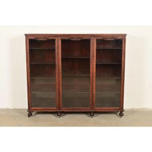 Berkey & Gay Antique Victorian Carved Mahogany Triple Bookcase or Display Cabinet, Circa 1890s