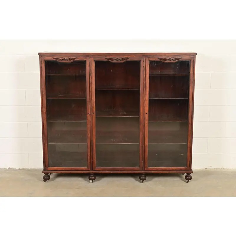 Berkey & Gay Antique Victorian Carved Mahogany Triple Bookcase or Display Cabinet, Circa 1890s