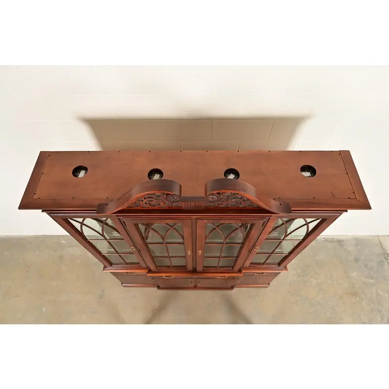 Ethan Allen Georgian Inlaid Mahogany Lighted Breakfront Bookcase Cabinet - Image 11