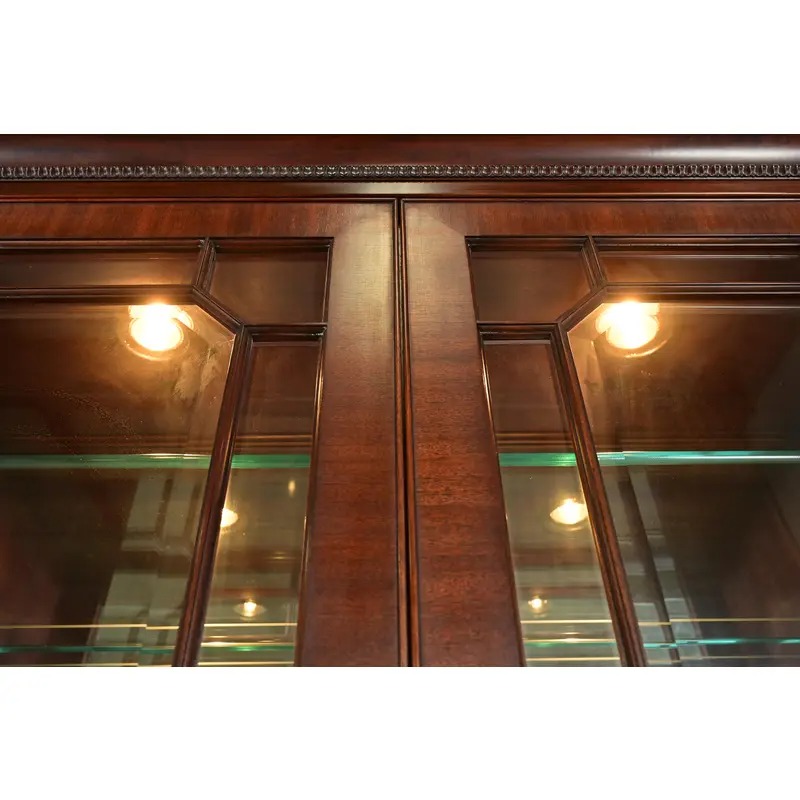 Henkel Harris Georgian Carved Flame Mahogany Lighted Breakfront Bookcase Cabinet - Image 11