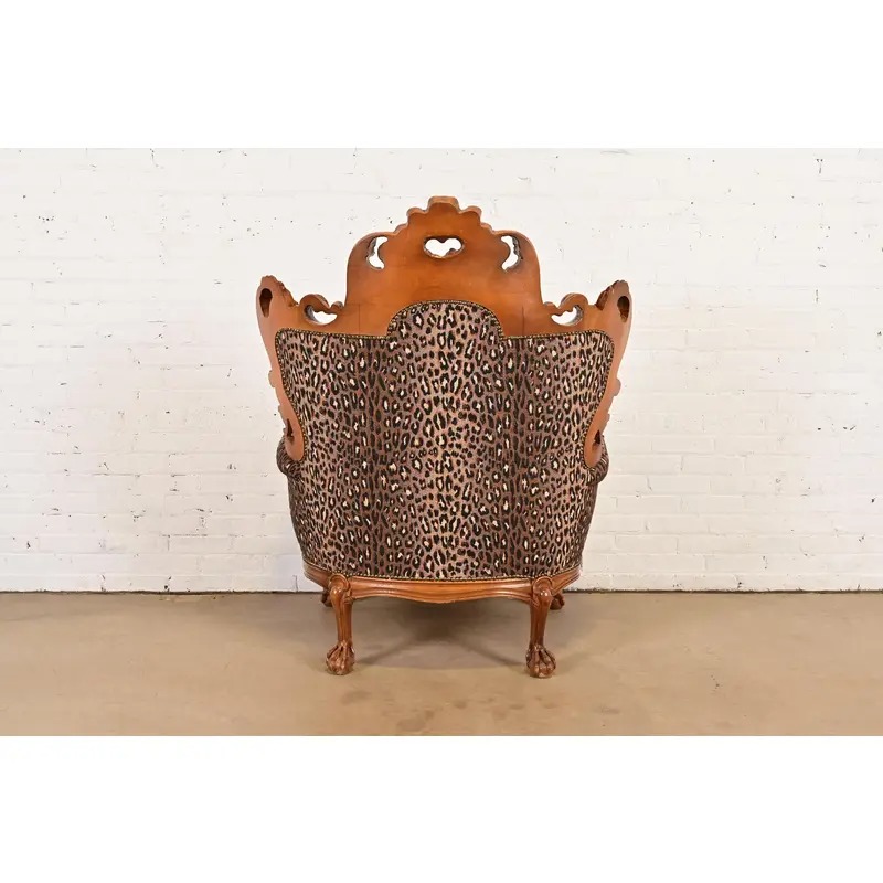 Italian Baroque Ornate Carved Walnut Throne Chair or Lounge Chair With Leopard Print Upholstery - Image 11