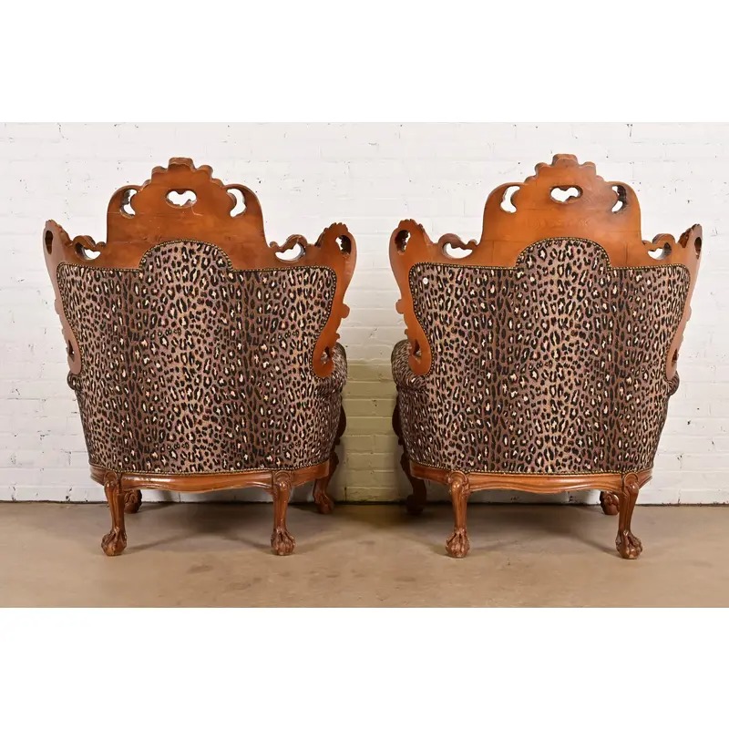 Italian Baroque Ornate Carved Walnut Throne Chairs or Lounge Chairs With Leopard Print Upholstery - Image 11