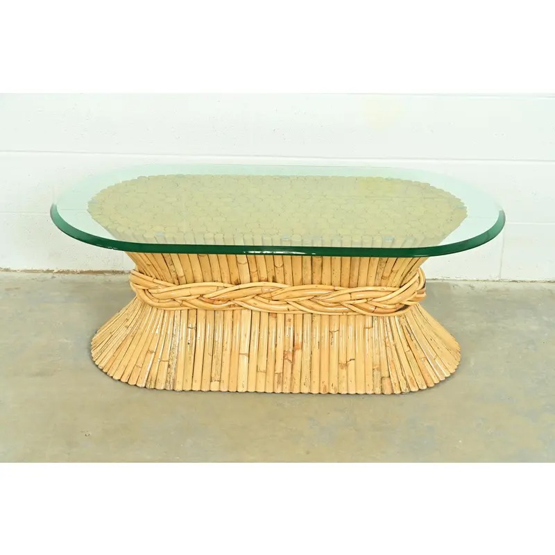 McGuire Hollywood Regency Organic Modern Bamboo Sheaf of Wheat Pedestal Coffee Table, Circa 1970s