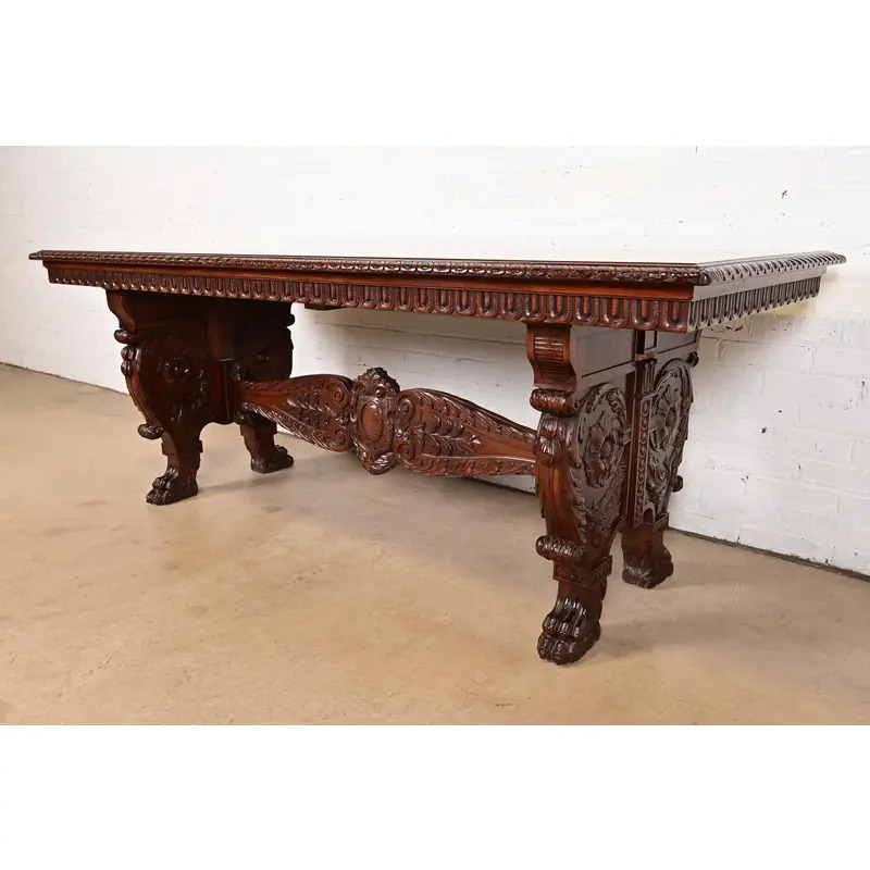 R. J. Horner Style Antique Italian Renaissance Carved Walnut Desk or Library Table With Lion Paw Feet, Circa 1890s