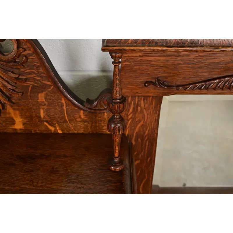Antique Victorian Carved Tiger Oak Side-by-Side Bookcase With Drop Front Secretary Desk, Circa 1900 - Image 12
