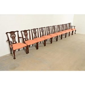 Baker Furniture Chippendale Carved Mahogany Dining Chairs, Set of Ten