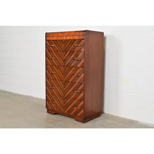 Donald Deskey Style Antique Art Deco Inlaid Walnut Waterfall Highboy Dresser or Chest of Drawers, Circa 1930s