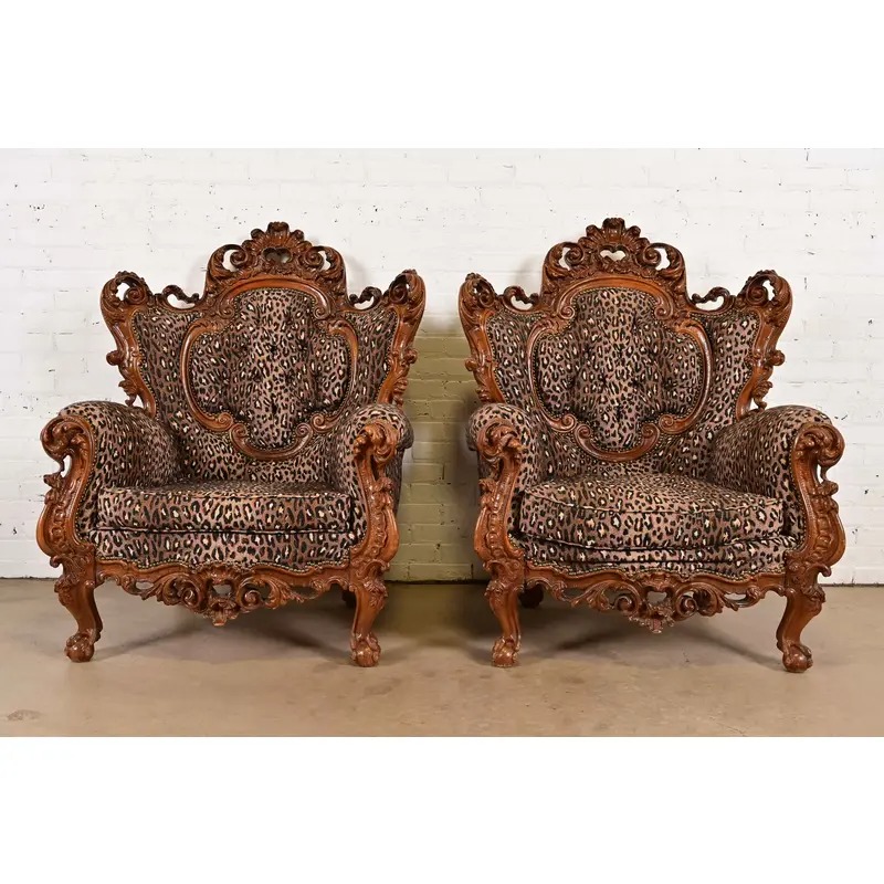 Italian Baroque Ornate Carved Walnut Throne Chair or Lounge Chair With Leopard Print Upholstery - Image 12