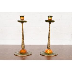 Louis Comfort Tiffany Furnaces Favrile Bronze and Enamel Candlesticks, Pair