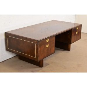 Romweber Mid-Century Modern Hollywood Regency Burl Wood and Brass Executive Desk, Circa 1970s