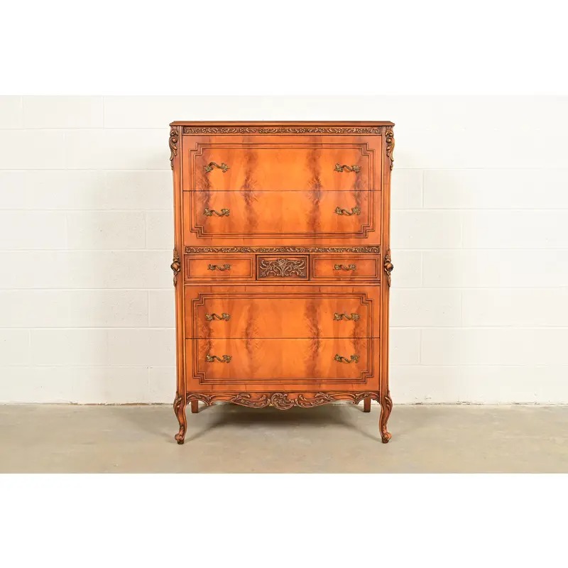 Romweber Style Antique French Provincial Louis XV Carved Satinwood and Burl Wood Highboy Dresser, Circa 1920s
