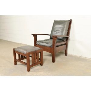 Stickley Mission Oak Arts & Crafts Bow Arm Lounge Chair With Ottoman