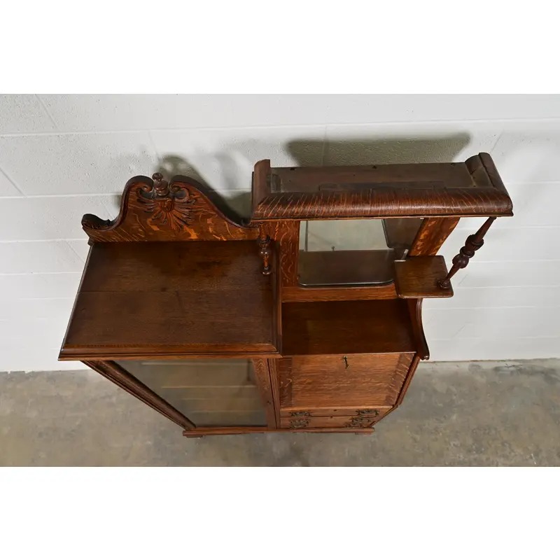 Antique Victorian Carved Tiger Oak Side-by-Side Bookcase With Drop Front Secretary Desk, Circa 1900 - Image 13
