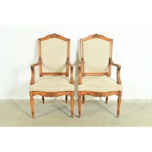 Baker Furniture Style French Regency Louis XVI Carved Walnut Armchairs or Dining Captain Chairs, Pair