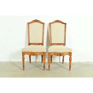 Baker Furniture Style French Regency Louis XVI Carved Walnut Side Chairs or Dining Chairs, Pair